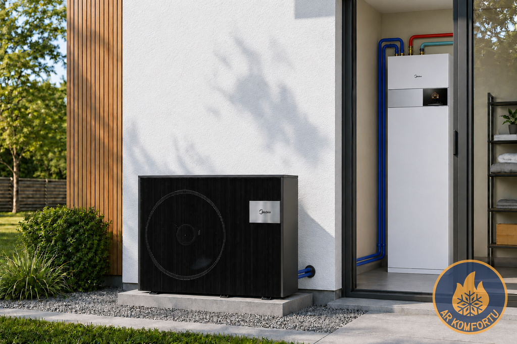 Gaiss -ūdens siltumsūknis Midea M- Thermal Hygge 16kW ar integrētu karstā ūdens tvertni 240 L  (MHA-V16WD2RN8-E / HBT-A160/240CDS90GN8-E)